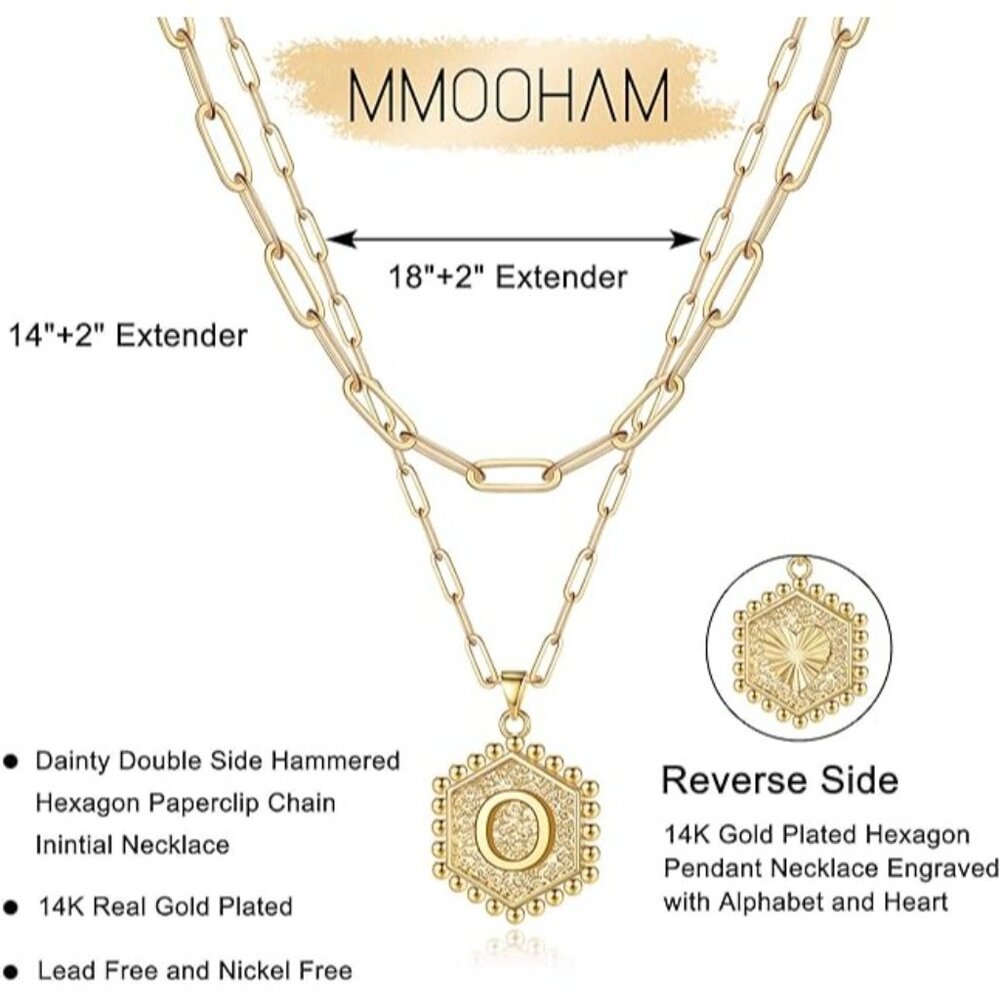MOOHAM Dainty Gold Initial O Necklace - 14K Gold Plated Layered Hexagon Pendant - Picture 4 of 7